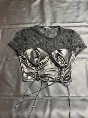 Dolls Kill Black Faux Leather Lace-Up Bustier Mesh Top
